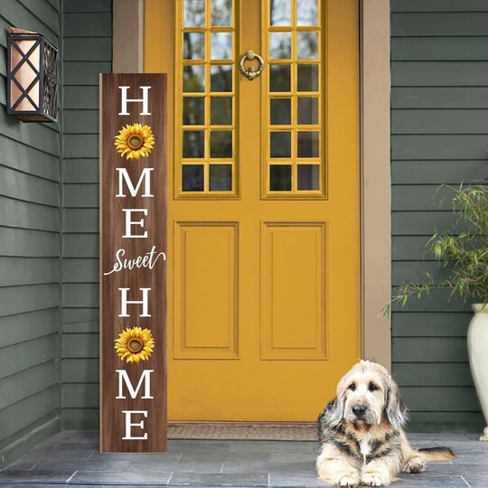 Greentek; 47.2" Home Sweet Home Porch Sign - Vertical Farmhouse Wooden Welcome Sign with Sunflower Design - Tall Standing or Hanging Front Door Decor for Indoor/Outdoor Patio, Garden, and Entryway; Category:Porch Signs; Image:1